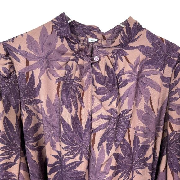 Vintage 70s Tropical Printed Midi Dress 18.5" Medium Purple Long Sleeve Prairie - Picture 4 of 5